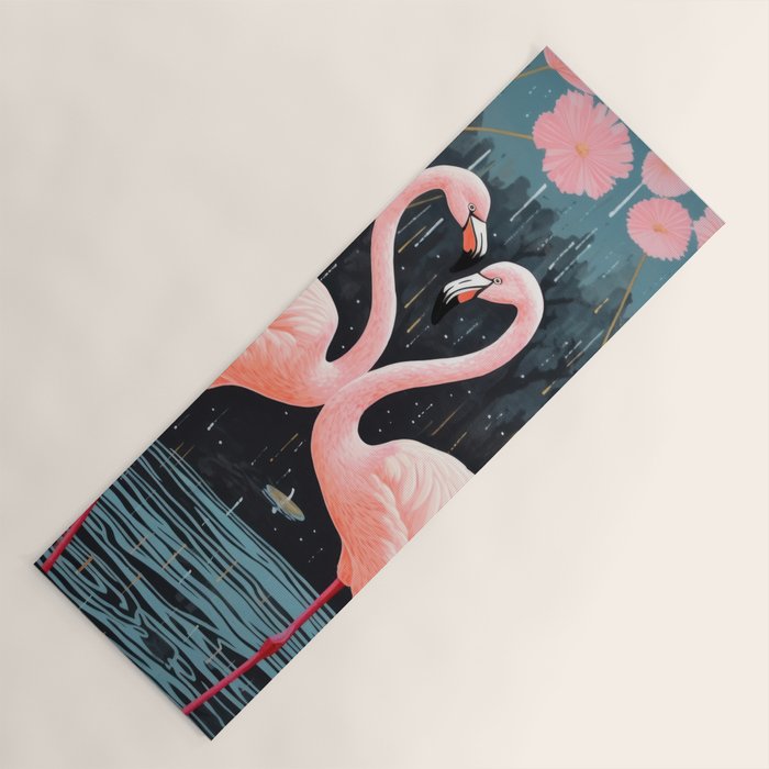 Pink Flamingos Pair In The Teal Rain Yoga Mat Gallery Image 1