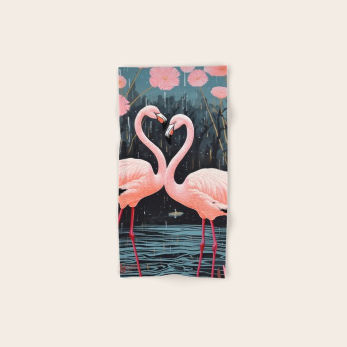 Pink Flamingos Pair In The Teal Rain Bath Towel Gallery Image 1