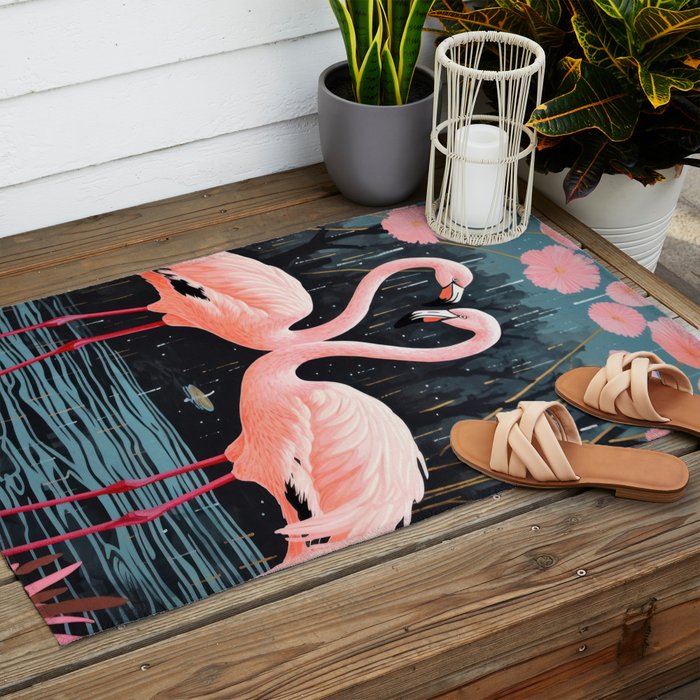Pink Flamingos Pair In The Teal Rain Outdoor Rug Gallery Image 2