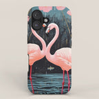 Pink Flamingos Pair In The Teal Rain iPhone Case Gallery Image 1