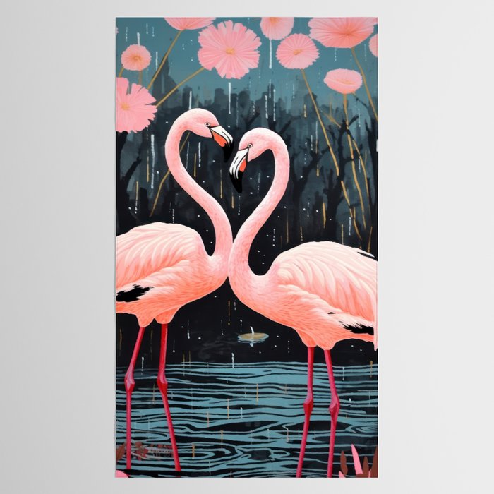Pink Flamingos Pair In The Teal Rain Tablecloth Gallery Image 2