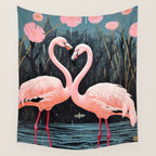 Pink Flamingos Pair In The Teal Rain Wall Tapestry Gallery Image 4