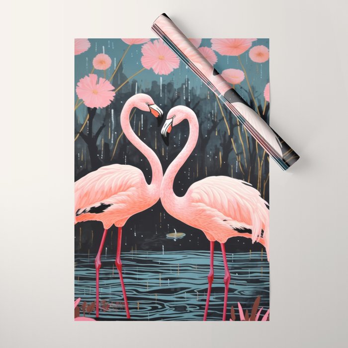Pink Flamingos Pair In The Teal Rain Wrapping Paper Gallery Image 1