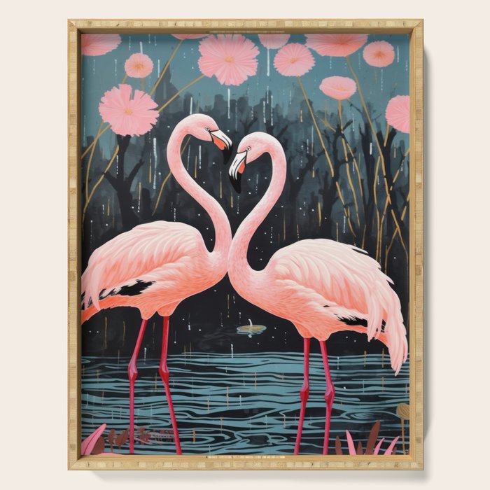 Pink Flamingos Pair In The Teal Rain Serving Tray Gallery Image 1