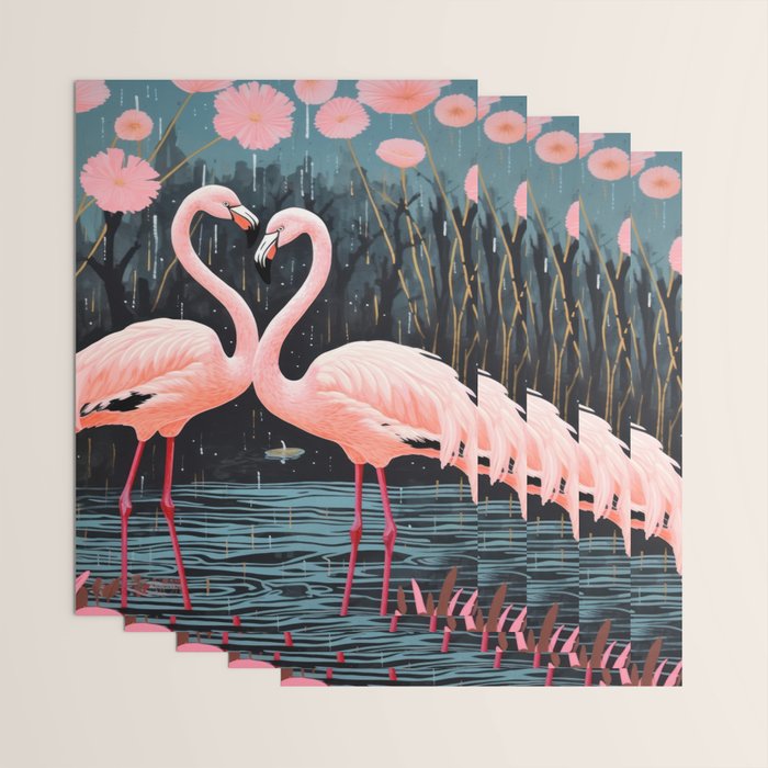 Pink Flamingos Pair In The Teal Rain Wrapping Paper Gallery Image 3