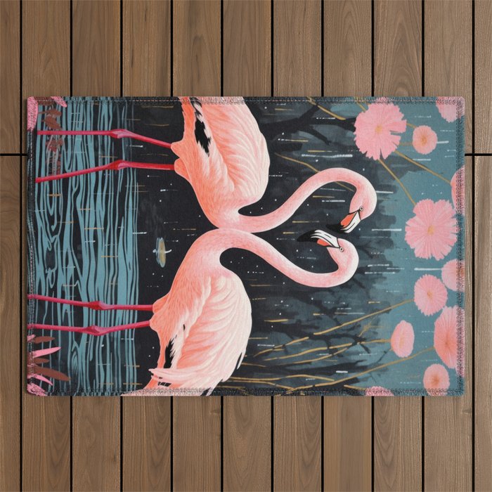 Pink Flamingos Pair In The Teal Rain Outdoor Rug Gallery Image 1