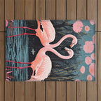 Pink Flamingos Pair In The Teal Rain Outdoor Rug Gallery Image 1