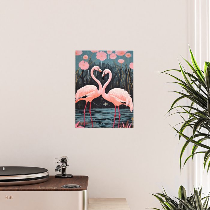 Pink Flamingos Pair In The Teal Rain Poster Gallery Image 2