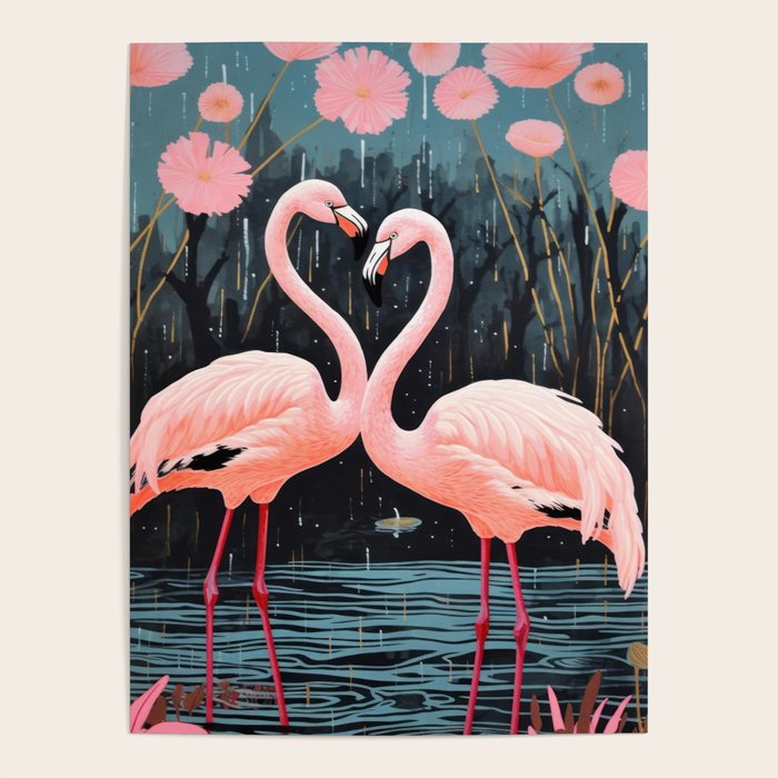 Pink Flamingos Pair In The Teal Rain Poster Gallery Image 1