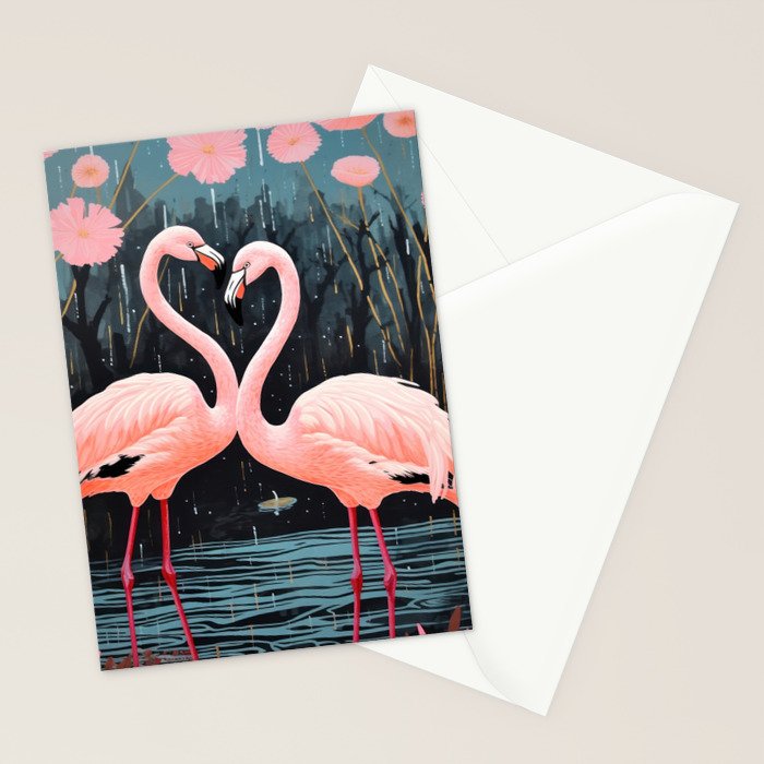 Pink Flamingos Pair In The Teal Rain Stationery Card Gallery Image 2