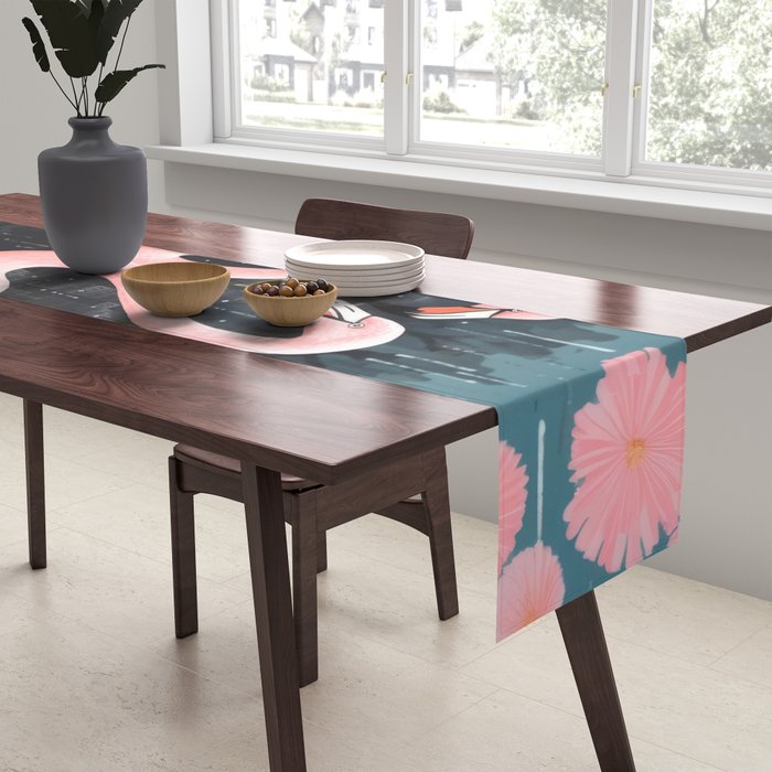Pink Flamingos Pair In The Teal Rain Table Runner Gallery Image 2