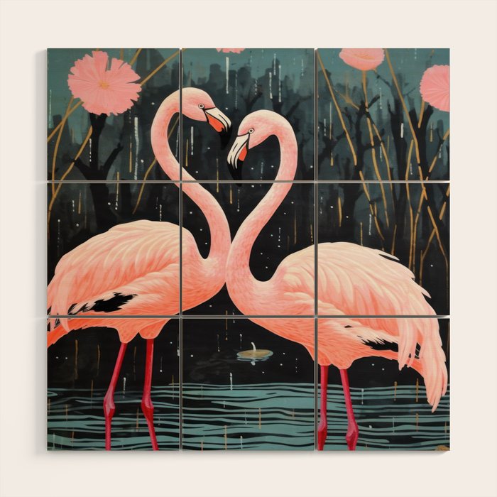 Pink Flamingos Pair In The Teal Rain Wood Wall Art Gallery Image 3