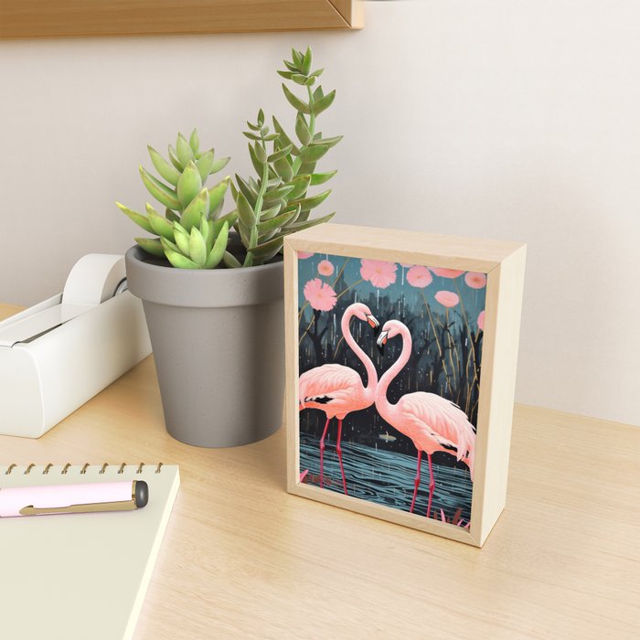 Pink Flamingos Pair In The Teal Rain Mini Art Print Gallery Image 2