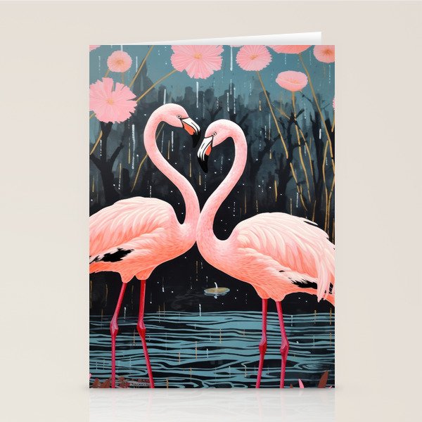 Pink Flamingos Pair In The Teal Rain Stationery Card Gallery Image 1