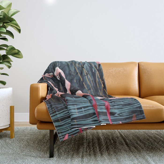 Pink Flamingos Pair In The Teal Rain Throw Blanket Gallery Image 1