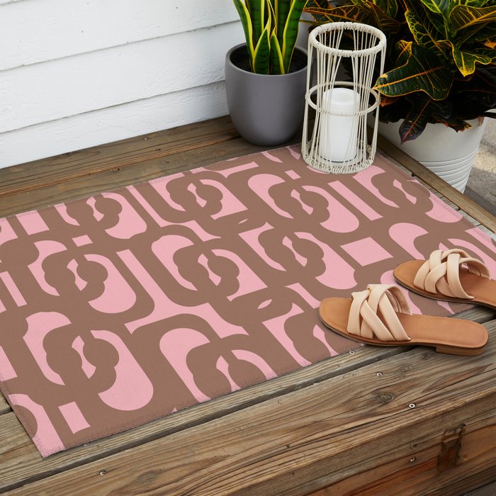 Mid Century Modern Contemporary Loop Pattern in Mocha Brown and Pink Outdoor Rug Gallery Image 2
