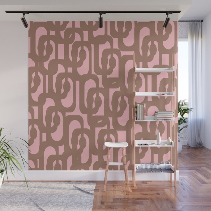 Mid Century Modern Contemporary Loop Pattern in Mocha Brown and Pink Wall Mural Gallery Image 1