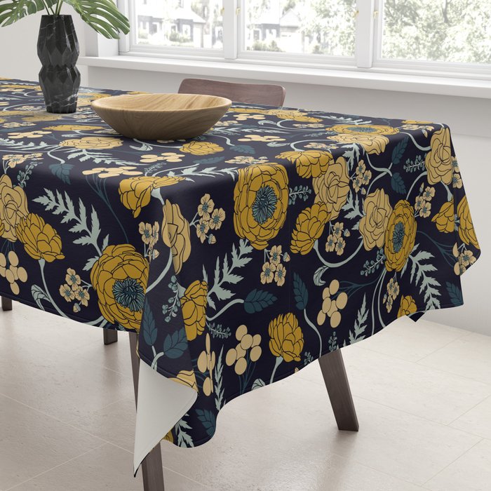 Navy Blue, Turquoise, Cream & Mustard Yellow Dark Floral Pattern Tablecloth Gallery Image 3