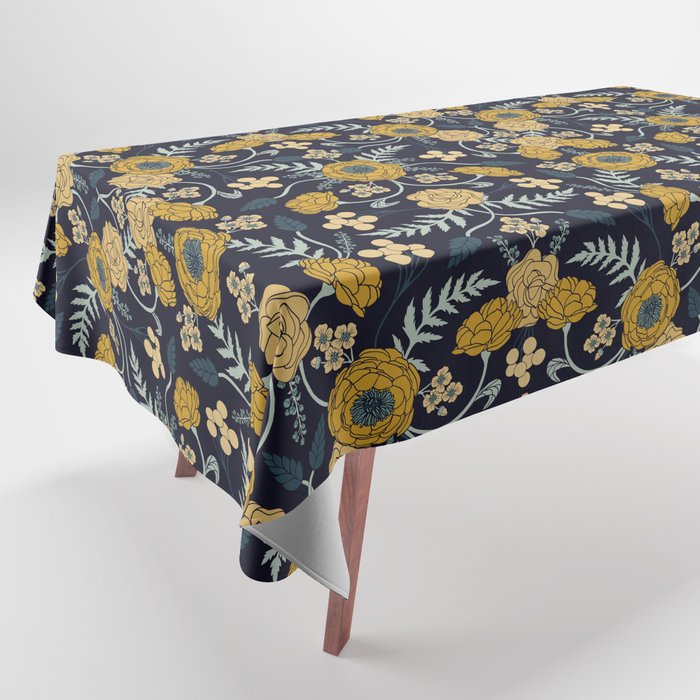 Navy Blue, Turquoise, Cream & Mustard Yellow Dark Floral Pattern Tablecloth Gallery Image 1