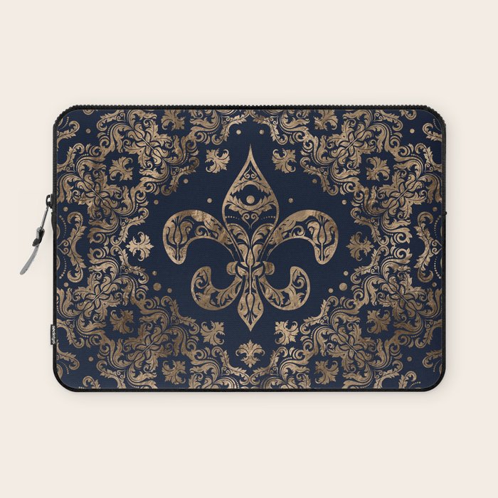 Luxury Fleur-de-lis Ornament - gold and dark blue Laptop Sleeve Gallery Image 1