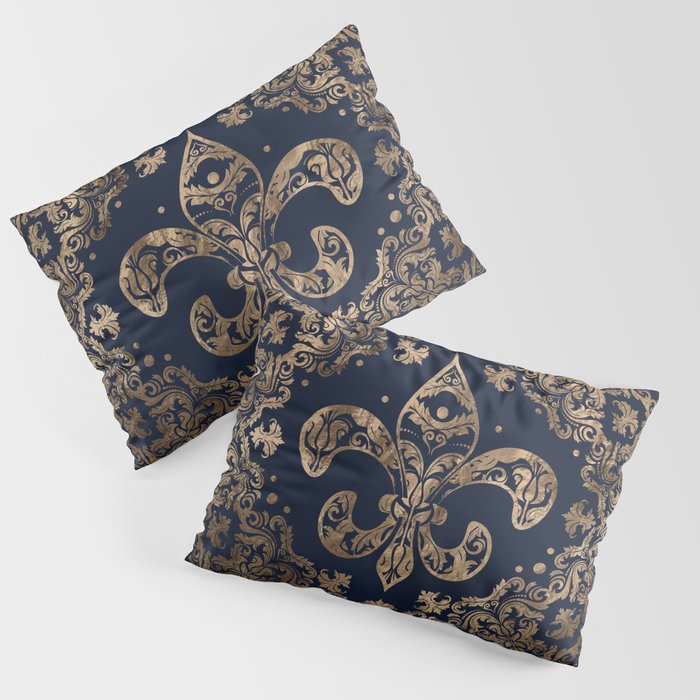 Luxury Fleur-de-lis Ornament - gold and dark blue Pillow Sham Gallery Image 3