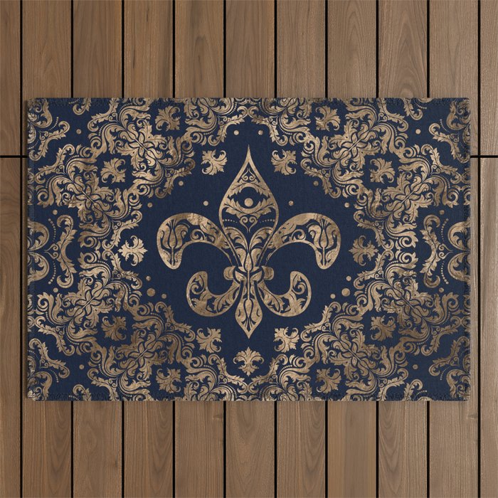 Luxury Fleur-de-lis Ornament - gold and dark blue Outdoor Rug Gallery Image 1