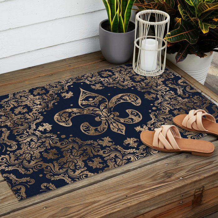 Luxury Fleur-de-lis Ornament - gold and dark blue Outdoor Rug Gallery Image 2