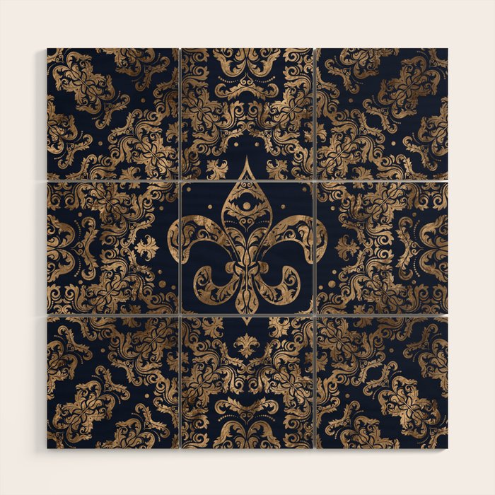 Luxury Fleur-de-lis Ornament - gold and dark blue Wood Wall Art Gallery Image 1