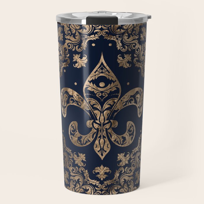 Luxury Fleur-de-lis Ornament - gold and dark blue Travel Mug Gallery Image 1