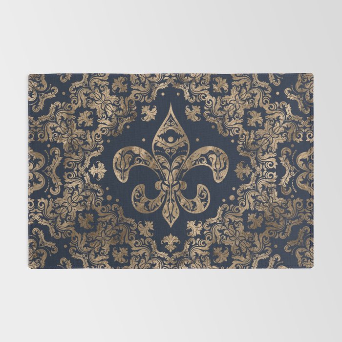 Luxury Fleur-de-lis Ornament - gold and dark blue Rug Gallery Image 2
