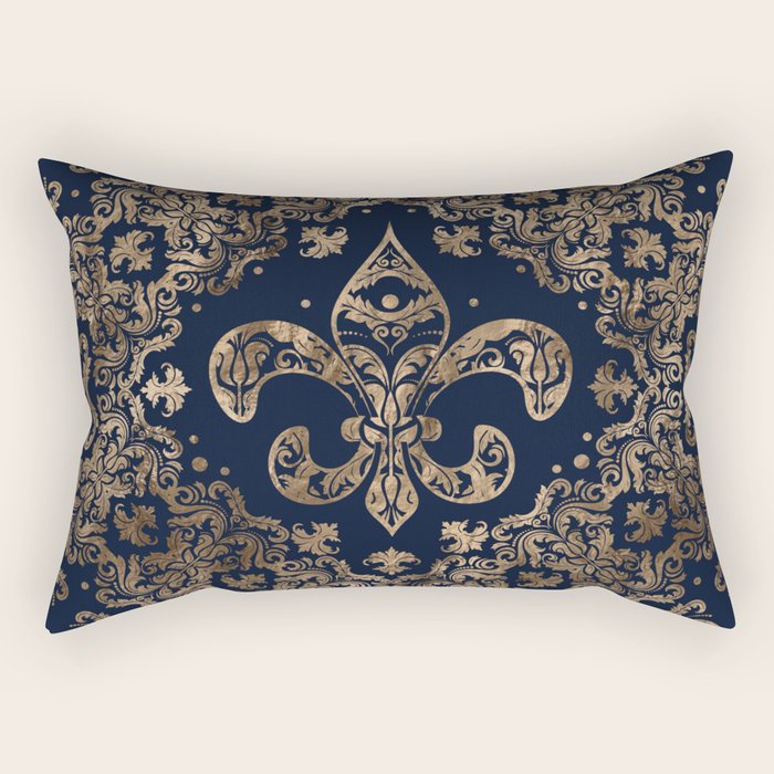 Luxury Fleur-de-lis Ornament - gold and dark blue Rectangular Pillow Gallery Image 2