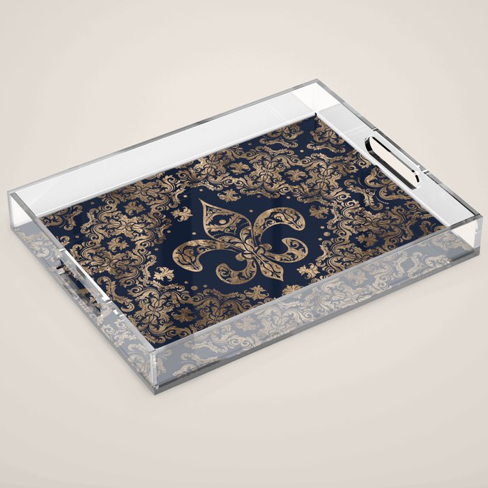 Luxury Fleur-de-lis Ornament - gold and dark blue Acrylic Tray Gallery Image 1