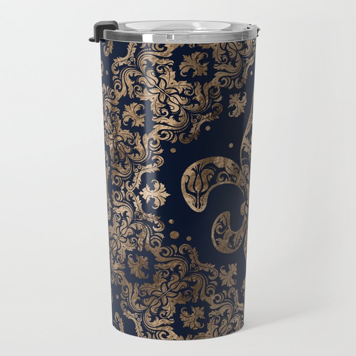 Luxury Fleur-de-lis Ornament - gold and dark blue Travel Mug Gallery Image 3