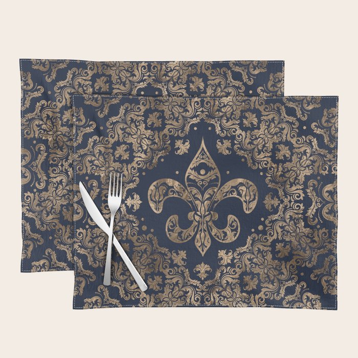 Luxury Fleur-de-lis Ornament - gold and dark blue Placemat Gallery Image 1