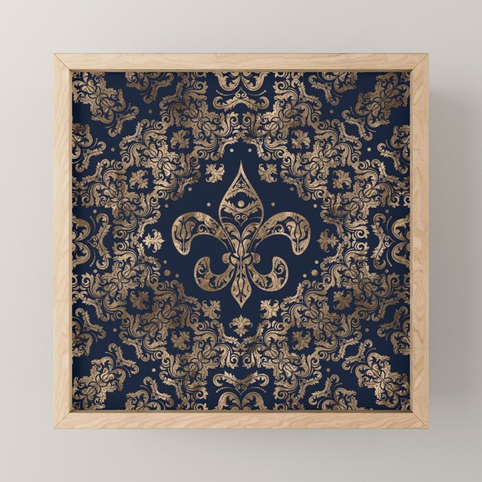 Luxury Fleur-de-lis Ornament - gold and dark blue Mini Art Print Gallery Image 1