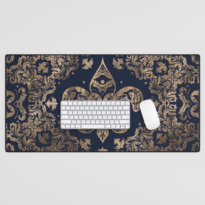 Luxury Fleur-de-lis Ornament - gold and dark blue Desk Mat Gallery Image 1