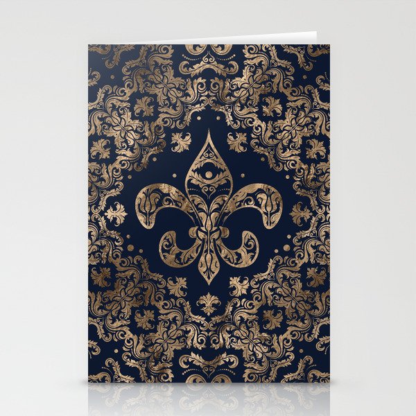 Luxury Fleur-de-lis Ornament - gold and dark blue Stationery Card Gallery Image 1