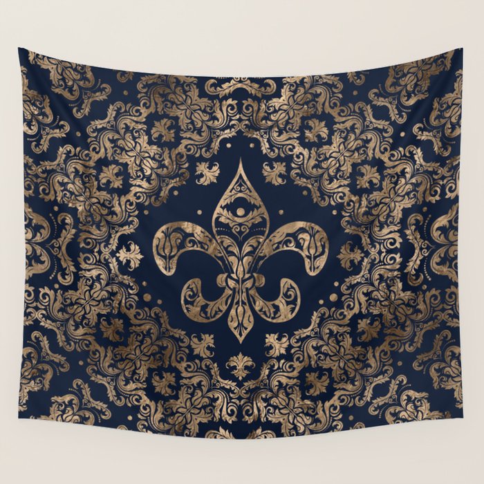 Luxury Fleur-de-lis Ornament - gold and dark blue Wall Tapestry Gallery Image 4
