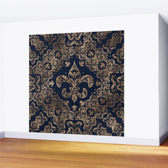 Luxury Fleur-de-lis Ornament - gold and dark blue Wall Mural Gallery Image 2