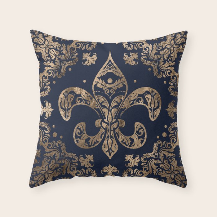 Luxury Fleur-de-lis Ornament - gold and dark blue Throw Pillow Gallery Image 6