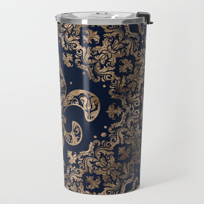 Luxury Fleur-de-lis Ornament - gold and dark blue Travel Mug Gallery Image 2