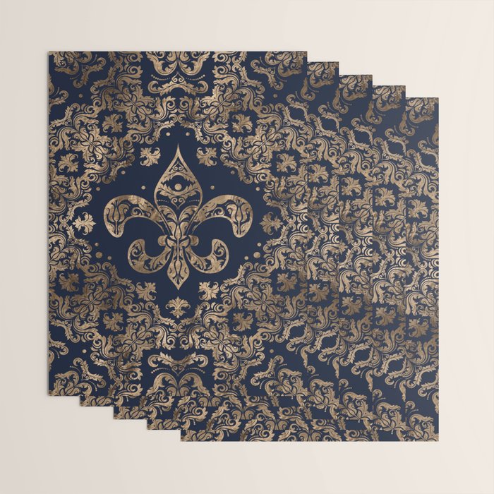Luxury Fleur-de-lis Ornament - gold and dark blue Wrapping Paper Gallery Image 3