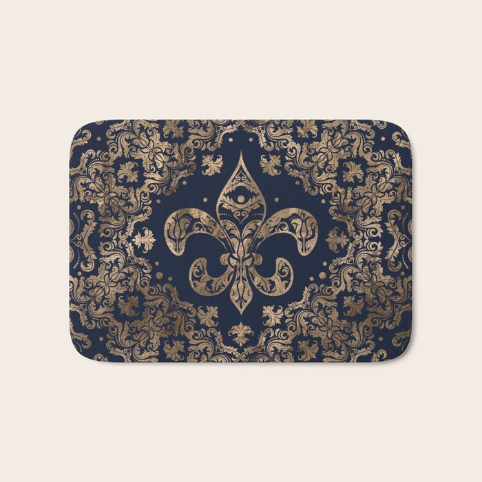 Luxury Fleur-de-lis Ornament - gold and dark blue Bath Mat Gallery Image 1