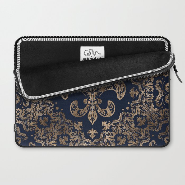 Luxury Fleur-de-lis Ornament - gold and dark blue Laptop Sleeve Gallery Image 2