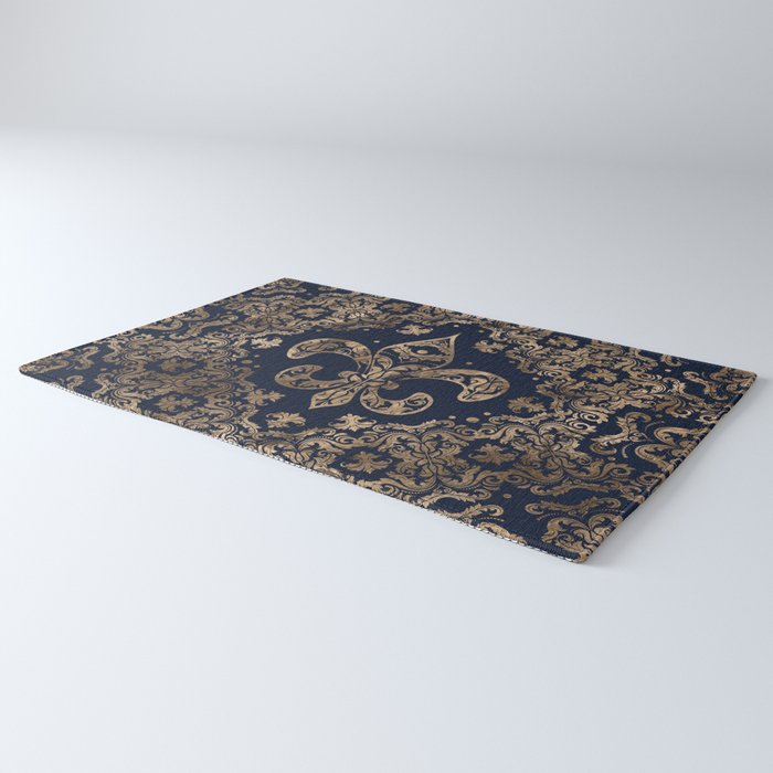 Luxury Fleur-de-lis Ornament - gold and dark blue Rug Gallery Image 3