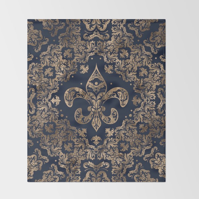 Luxury Fleur-de-lis Ornament - gold and dark blue Throw Blanket Gallery Image 2