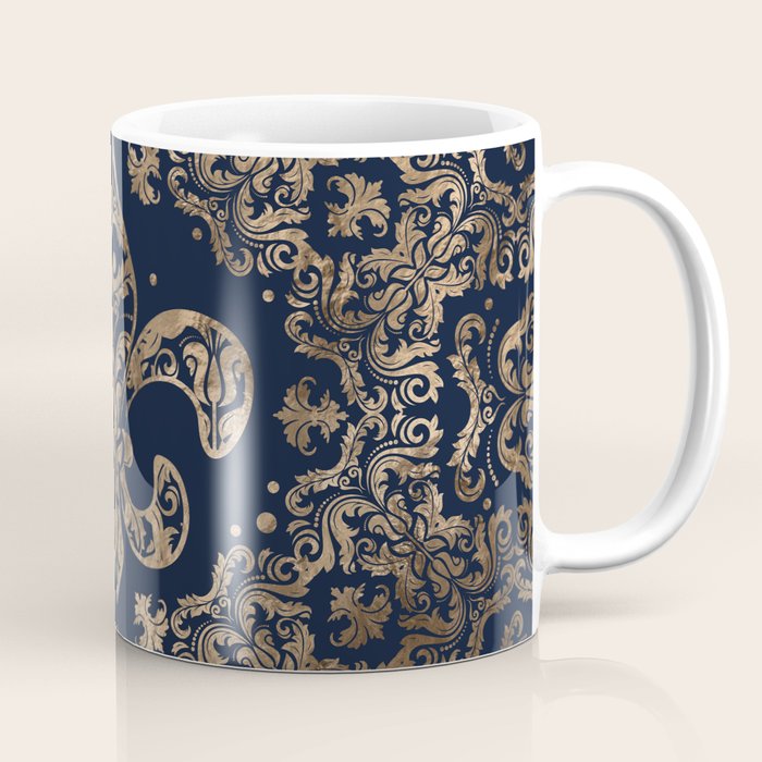 Luxury Fleur-de-lis Ornament - gold and dark blue Coffee Mug Gallery Image 1
