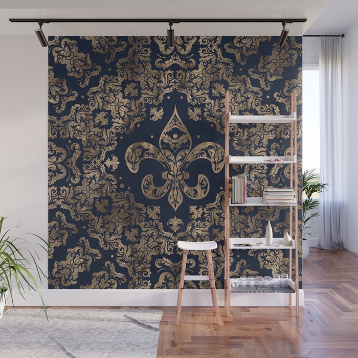 Luxury Fleur-de-lis Ornament - gold and dark blue Wall Mural Gallery Image 1
