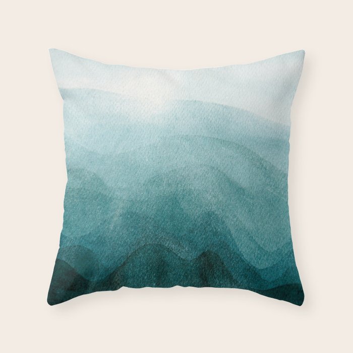 Sunrise in the mountains, dawn, teal, abstract watercolor Throw Pillow Gallery Image 1