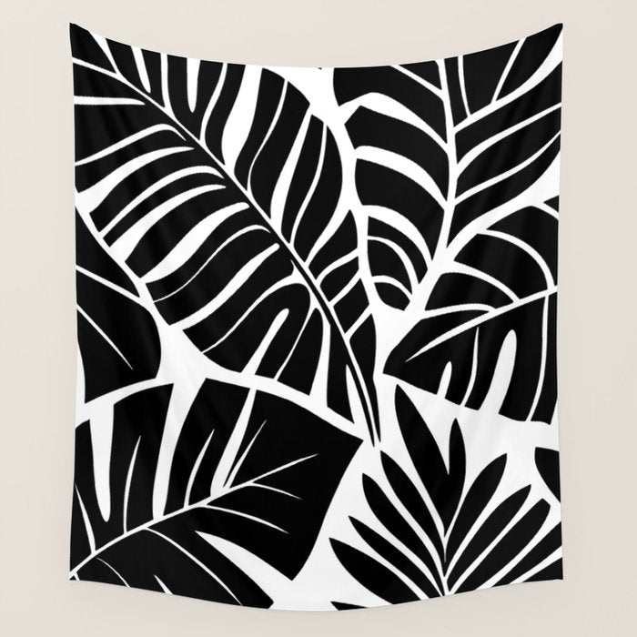 Leafy Calm Charm Black And White Simplicity Wall Tapestry Gallery Image 1